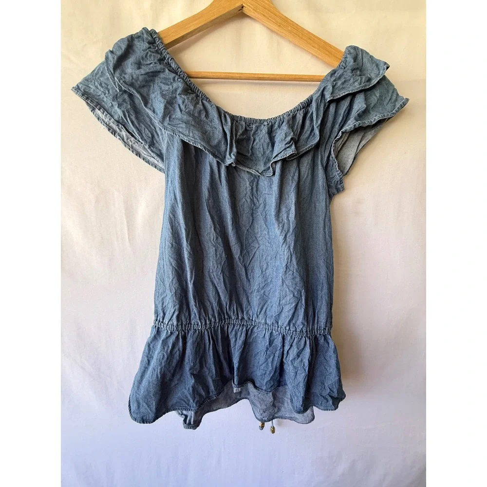 Michael Kors Blue Chambray Ruffle Peplum Top Cotton Lyocell Blend Medium